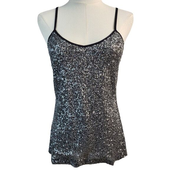 Badgley Mischka X-Small Black Silver Sequined Cami Top Sparkle Stretch Holiday - Picture 7 of 12